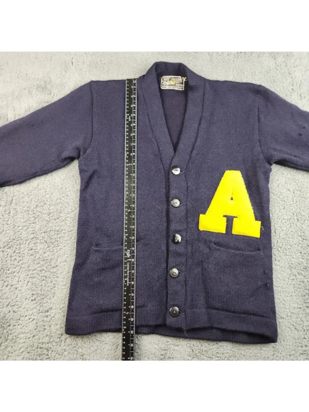 VTG‎ High School Varsity Letterman Wool Cardigan Small/Med Navy Blue Yellow 